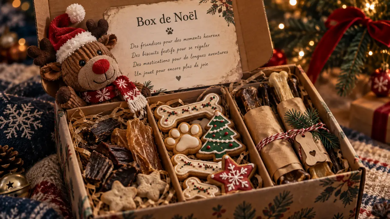 Box noel chien : friandises et jouet de Noël