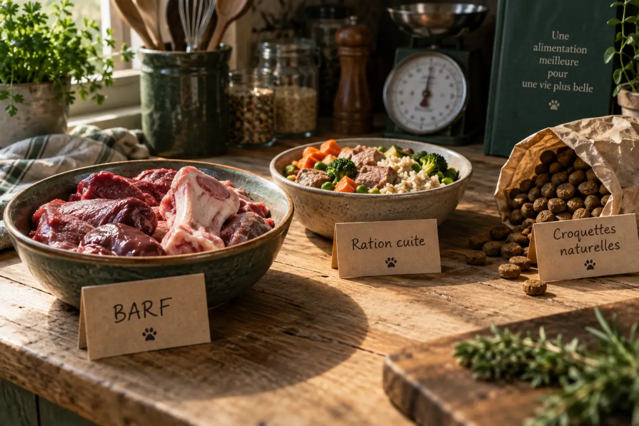 Chien alimentation naturelle : bols BARF, ration cuite et croquettes