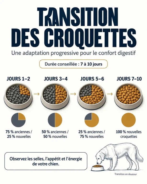 Infographie sur la transition des croquettes pour digestion du chien en 7 à 10 jours