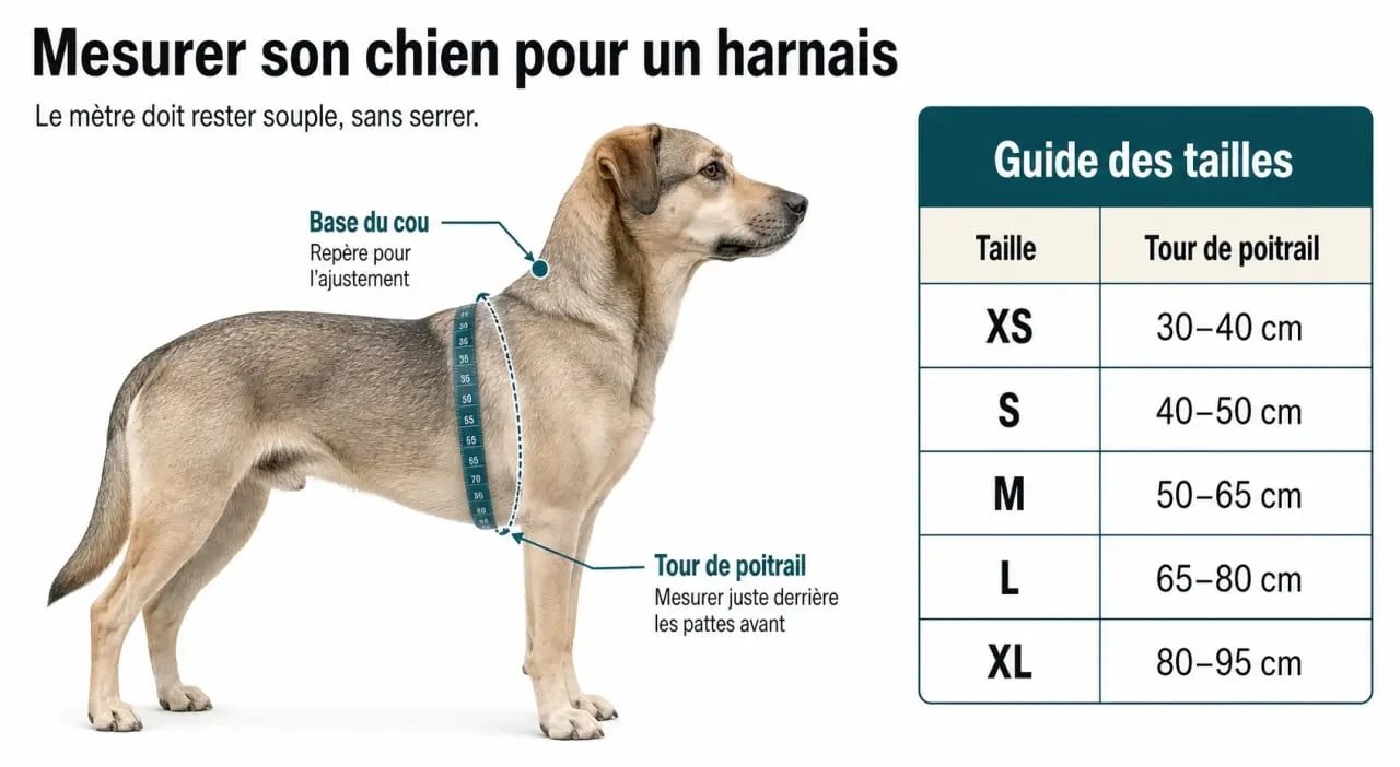 Harnais chien taille : schéma clair pour mesurer le poitrail et le cou du chien
