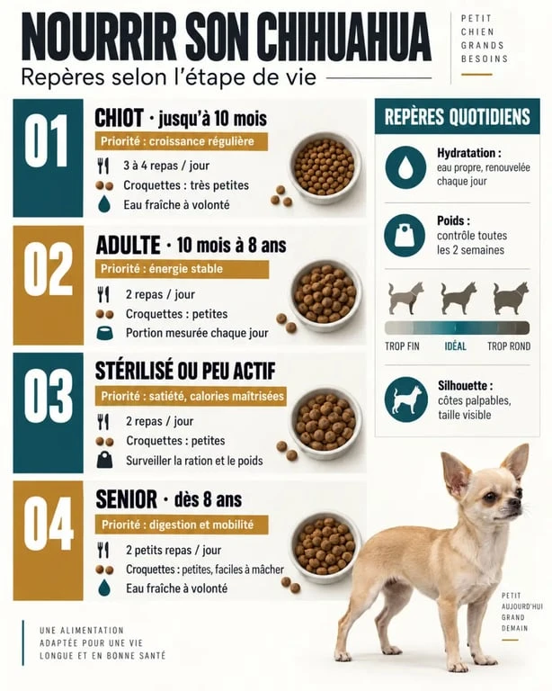 Nourriture Chihuahua : besoins alimentaires selon l’âge, l’activité et le format des repas