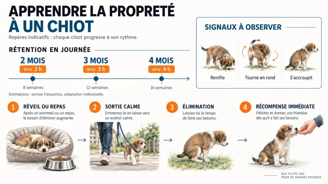 Infographie pour apprendre la propreté à un chiot : sorties, signaux et récompense selon l’âge