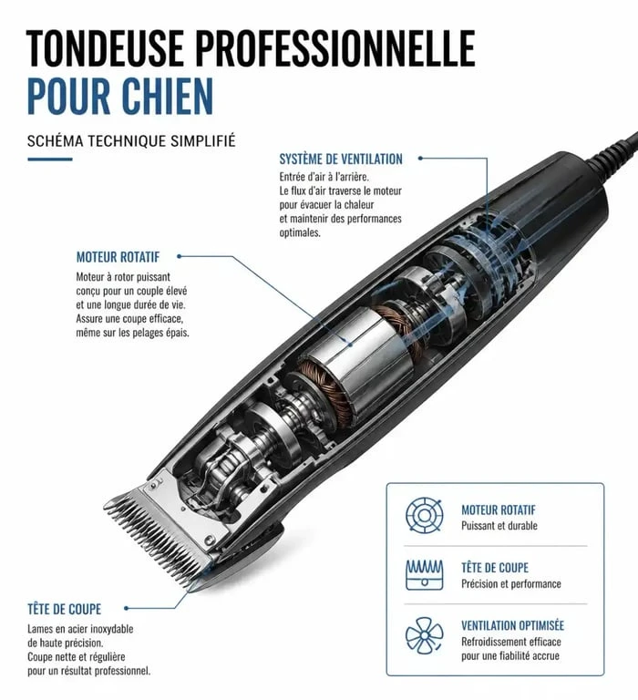 Schéma technique d'une tondeuse pour chien professionnel