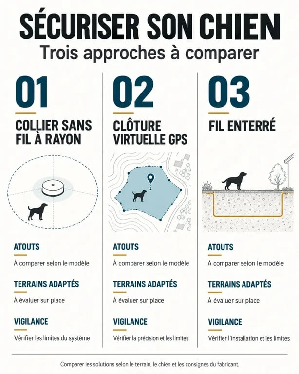 Collier anti-fugue sans fil pour chien comparé à une clôture GPS et un fil enterré