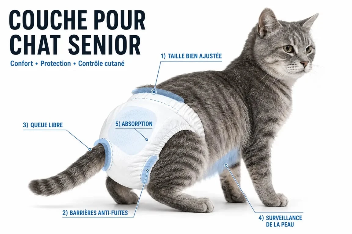 Exemple de couche pour chat bien ajustée sur un chat en convalescence