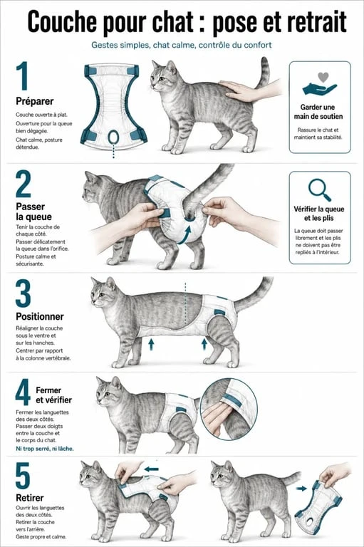 Guide visuel pour poser une couche pour chat