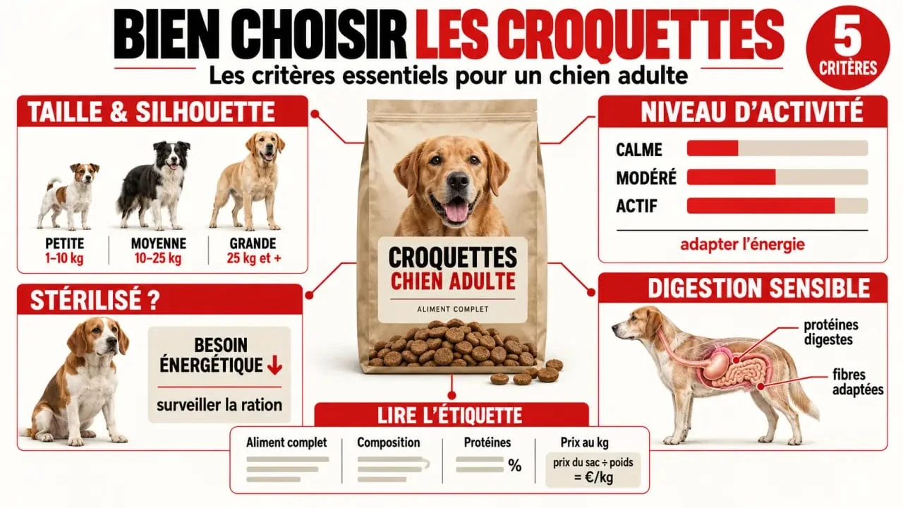 Critères pour choisir des croquettes chien adulte selon la taille, l’activité et le prix au kilogramme