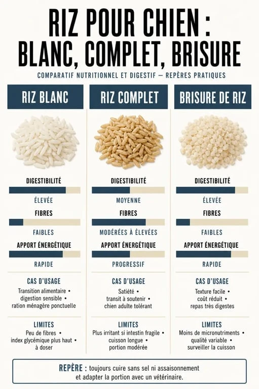 Riz pour chien : comparaison visuelle entre riz blanc, riz complet et brisure de riz
