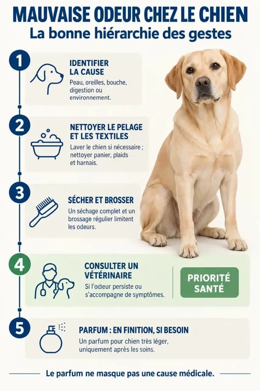 Infographie sur les parfums pour chiens et les étapes à privilégier avant de parfumer le pelage