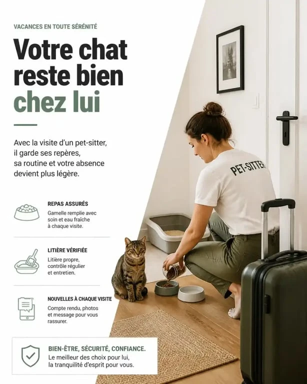 Garde de chats pendant les vacances à domicile avec un pet-sitter et un chat rassuré