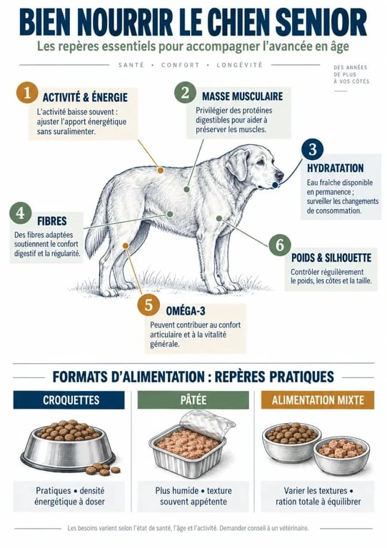 Infographie sur l’alimentation chien senior et ses besoins nutritionnels