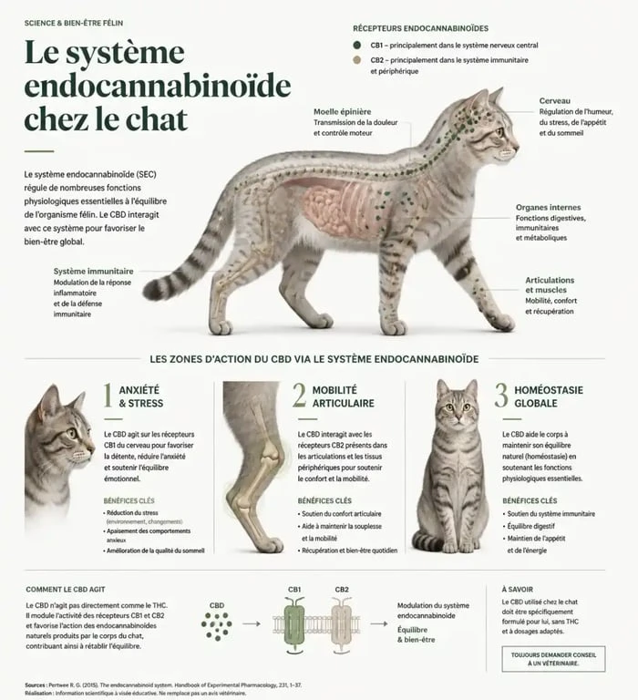 Schéma explicatif des bienfaits du meilleur CBD pour chat sur le système endocannabinoïde