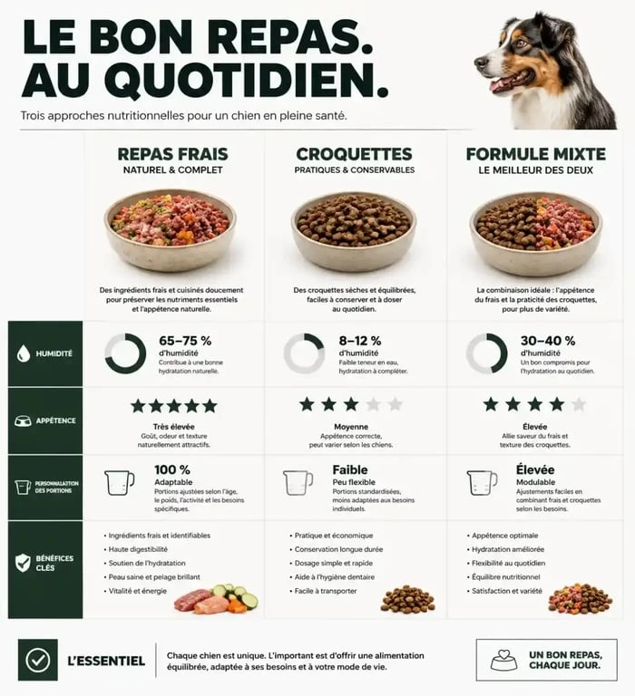 Repas frais pour chien : comparaison visuelle entre frais, croquettes et formule mixte pour mieux choisir
