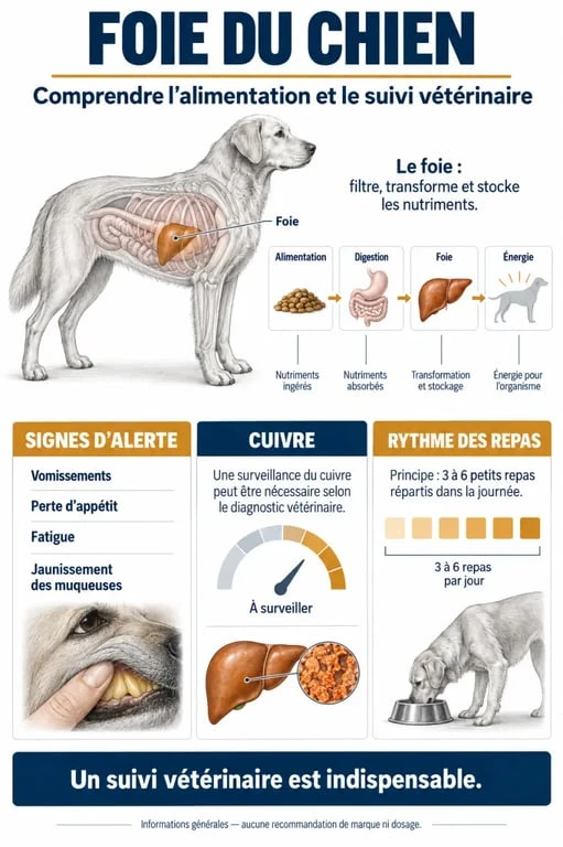 Infographie sur le problème foie chien alimentation, les signes d’alerte et les repas fractionnés