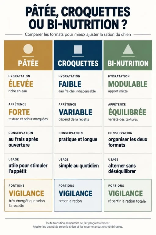 Pâtée pour chien, croquettes et bi-nutrition comparées selon l’hydratation, l’appétence et les portions