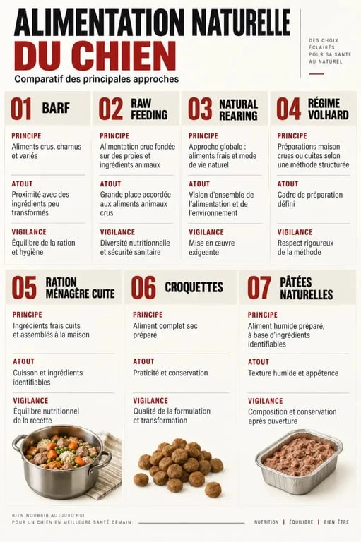 Alimentation naturelle pour chien : comparaison visuelle du BARF, de la ration ménagère et des aliments naturels préparés
