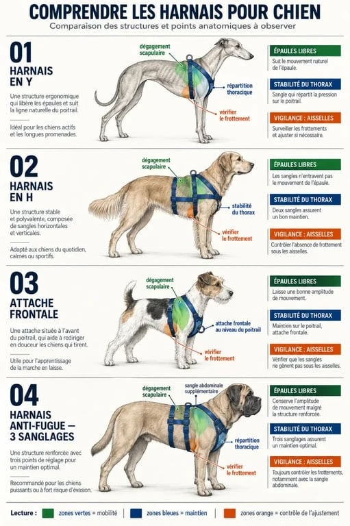 Infographie comparative des meilleurs harnais pour chien selon la forme et l’usage