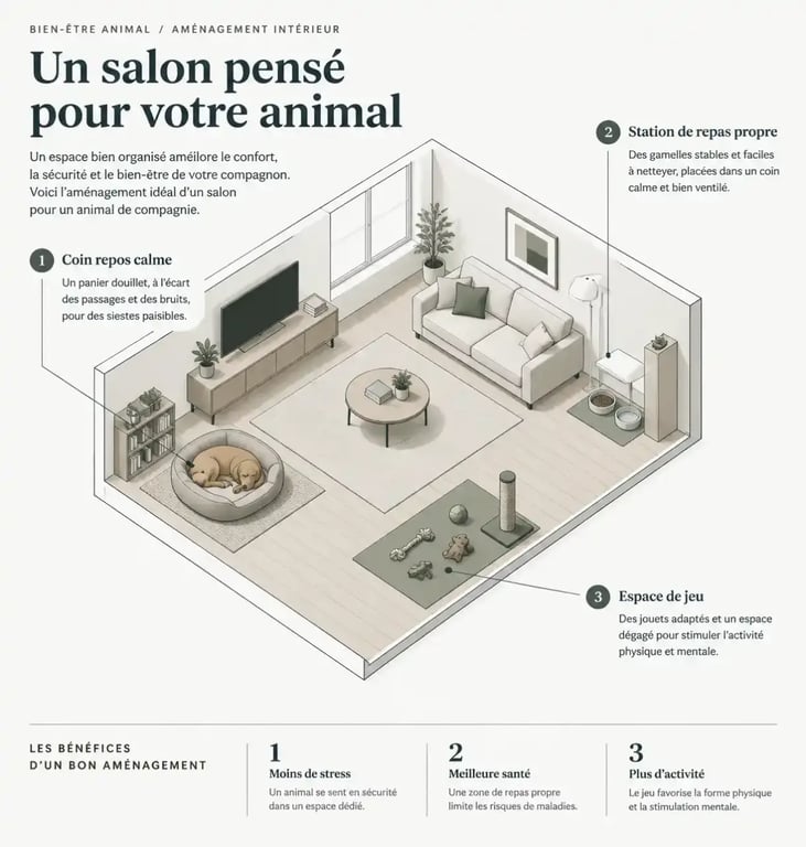 Aménager un espace de vie confortable pour son animal domestique avec des zones de repos, repas et jeu bien délimitées