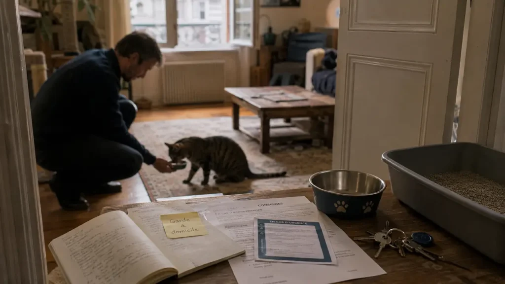 Garde de chats pendant les vacances : pet-sitter à domicile nourrit le chat