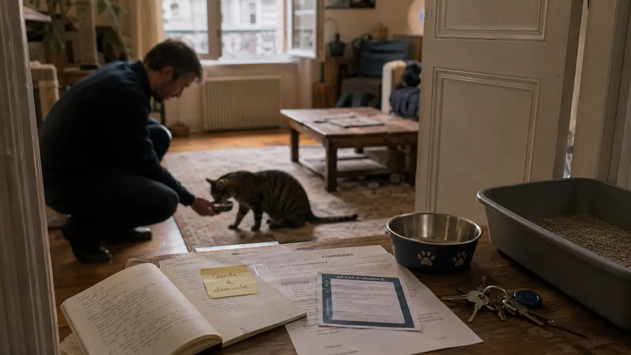 Garde de chats pendant les vacances : pet-sitter à domicile nourrit le chat