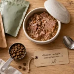 Pâtée pour chien et gobelet doseur pour bien doser la ration aux croquettes
