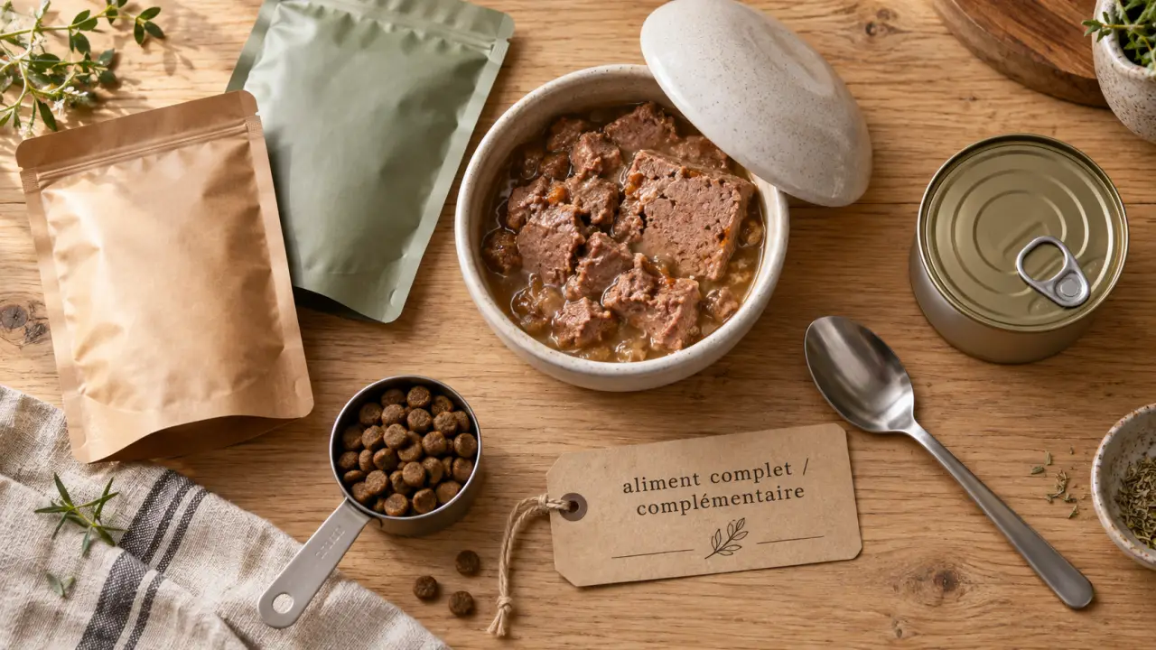 Pâtée pour chien et gobelet doseur pour bien doser la ration aux croquettes