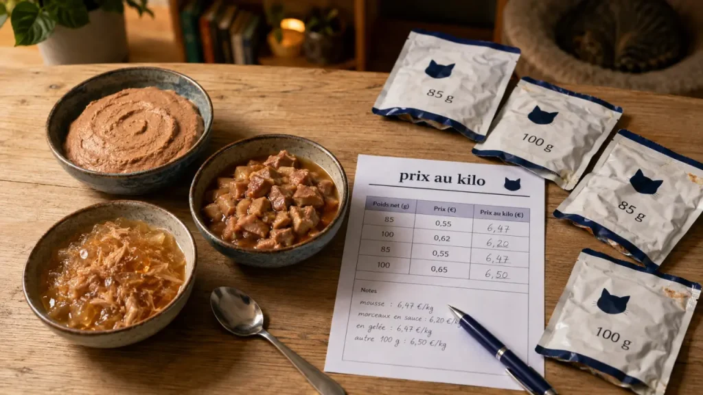 Pâtée pour chat : calcul du prix au kilo et formats de gamelles