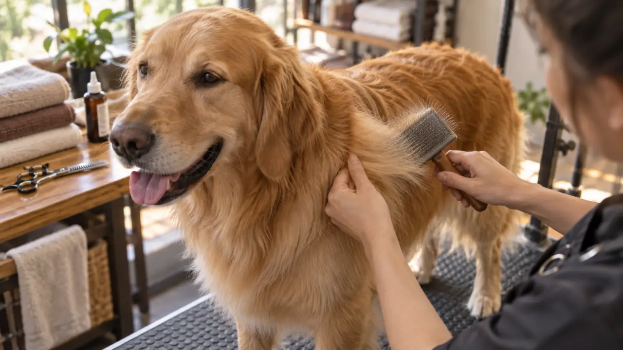 Toilettage golden retriever : brosse à carder, pelage non tondu