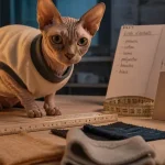 Vêtements pour chats : Sphynx en pull, tissus et harnais sur table