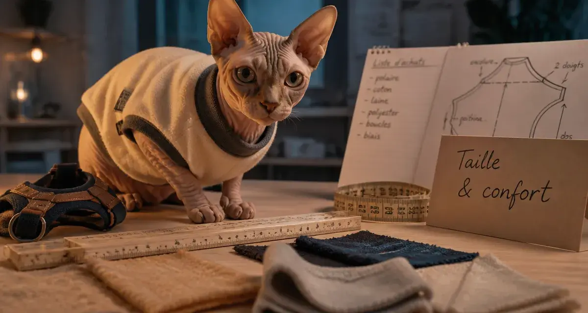 Vêtements pour chats : Sphynx en pull, tissus et harnais sur table