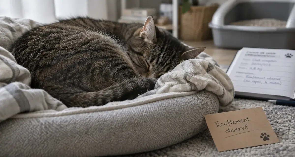 Chat qui ronfle, ronflement observé sur coussin