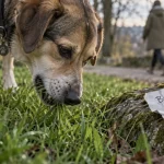 Chien qui mange de l'herbe dans une pelouse, broutage et digestion