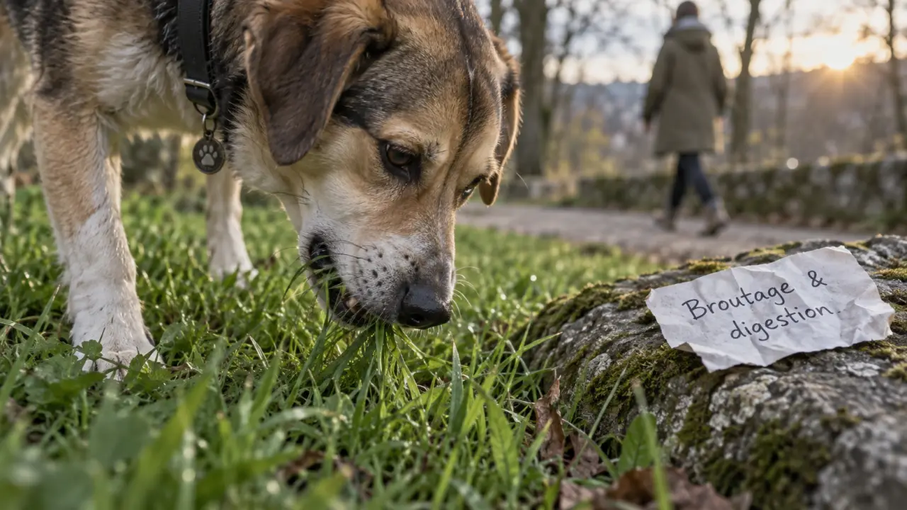Chien qui mange de l'herbe dans une pelouse, broutage et digestion