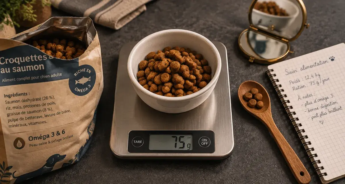 Croquettes golden retriever : étiquette et ration pesées