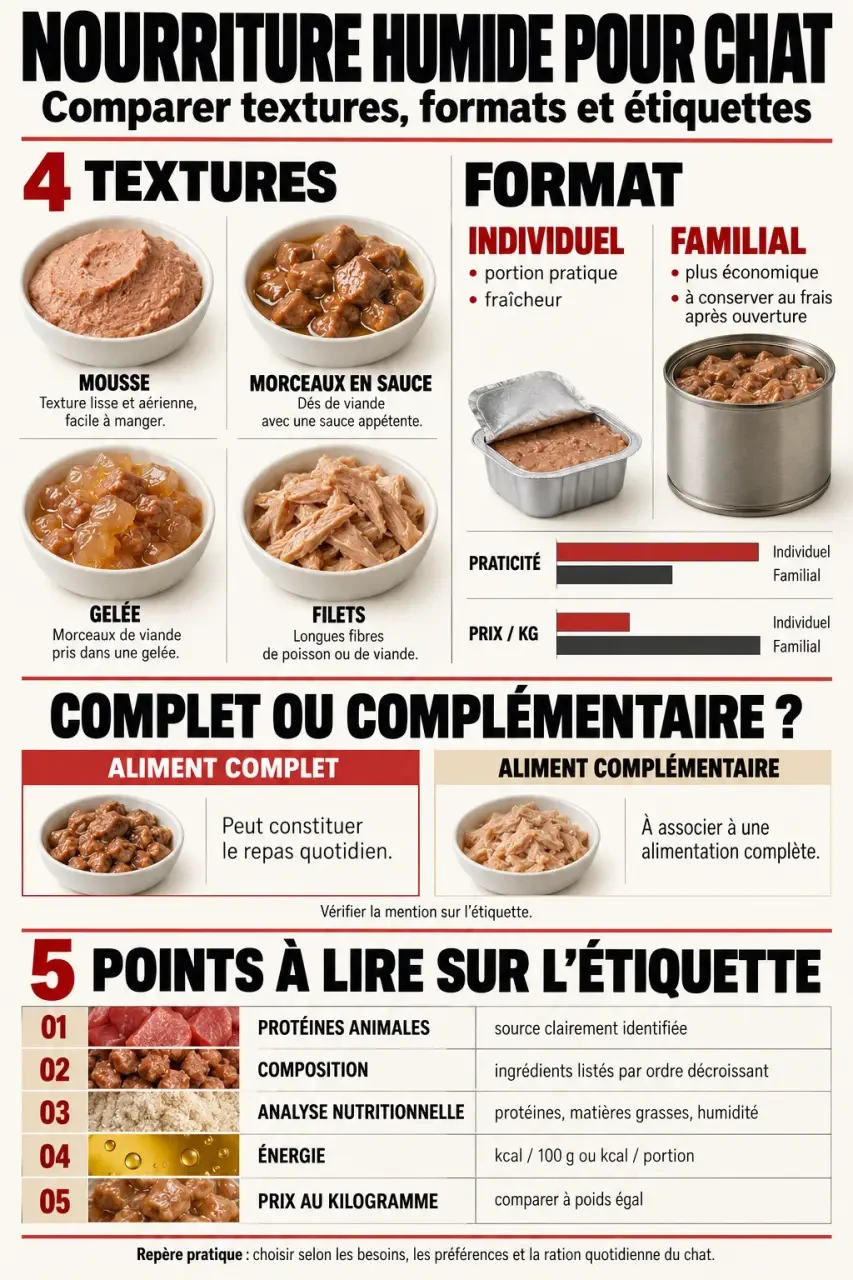 Infographie pour comparer la nourriture humide pour chat selon les textures, formats et critères nutritionnels