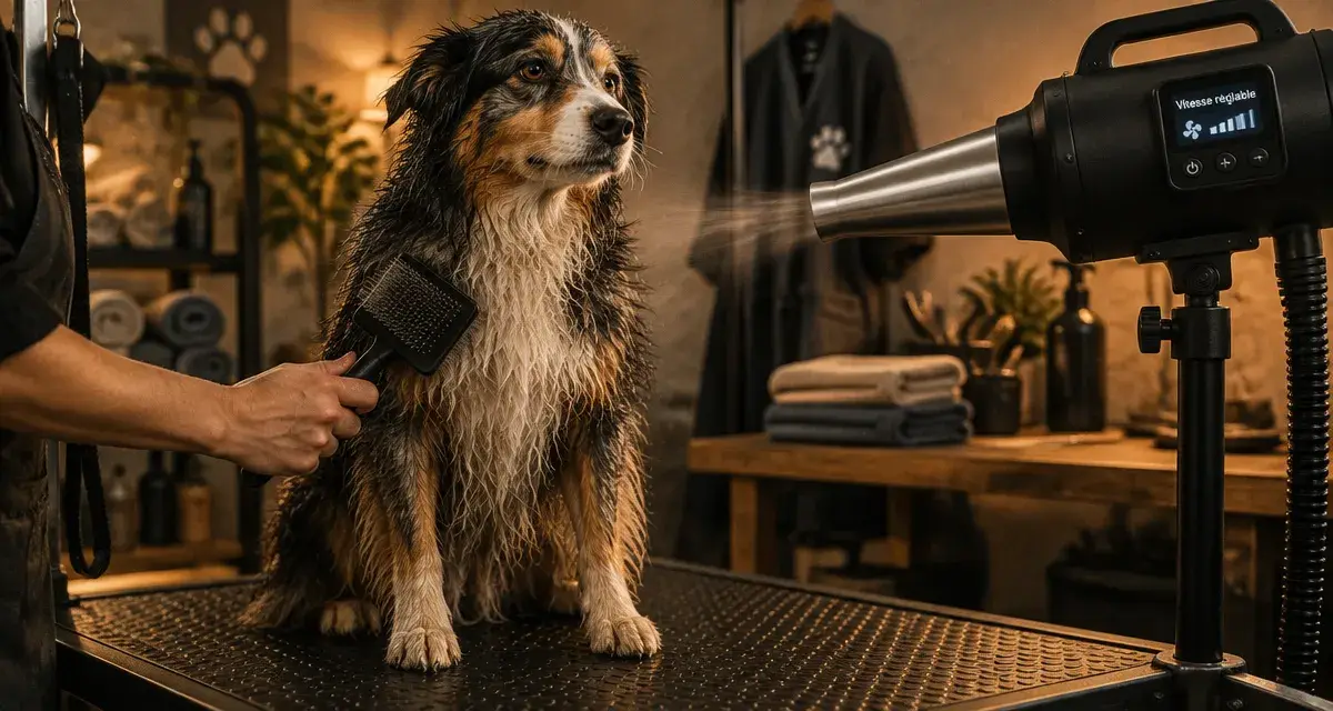 Sechoir pour chien pulseur réglable, chien au séchage sur tapis antidérapant